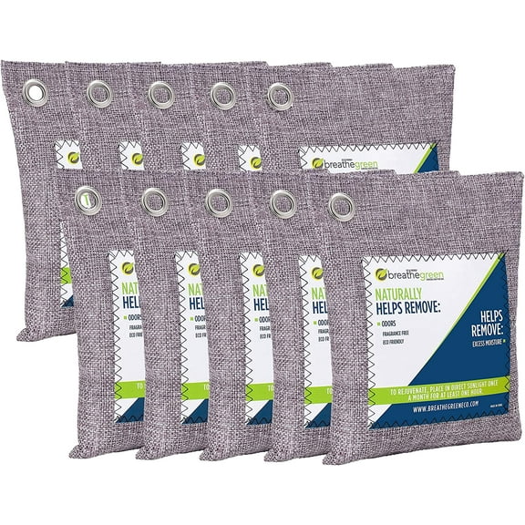 Breathe Green Charcoal Odor Eliminator Bags (10-Pack) | Activated Bamboo Charcoal Deodorizer | Natural Freshener Removes Odor &Moisture | Odor Eliminator for Car, Closet, Bathroom, Gym Bag, Shoes