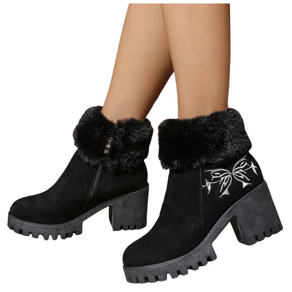 Winter Boots for Women Elegant Embroidery Plush Warm Suede Zipper Snow Booties Platform Lug Sole Chunky Mid Heel Dress Ankle Boots Black Size 9