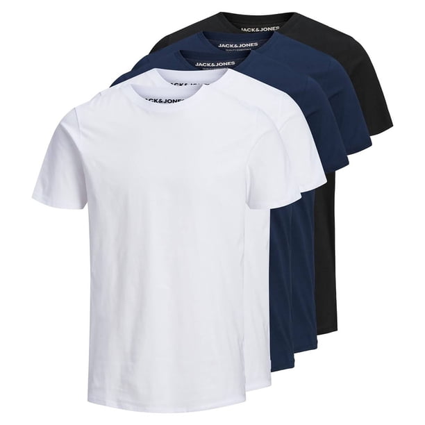 Jack & Jones Camiseta de Hombre, paquete de 5 - JJEORGANIC BASIC TEE O-NECK, manga corta, algodón orgánico Blanco/Azul marino/Negro M (Medium)