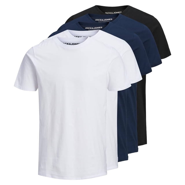 Jack & Jones Camiseta de Hombre, paquete de 5 - JJEORGANIC BASIC TEE O-NECK, manga corta, algodón orgánico Blanco/Azul marino/Negro S (Small)