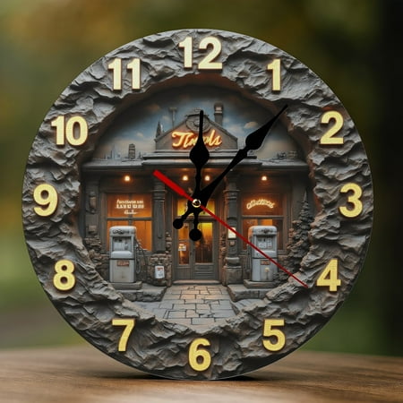 Wall Clock Decorative - Vintage Brown Gas Station Print 2D Vintage Wall Clocks Battery Operated Silent Non-Ticking for Bedroom, Living Room, Kitchen, Office, Classroom, 10 Inch