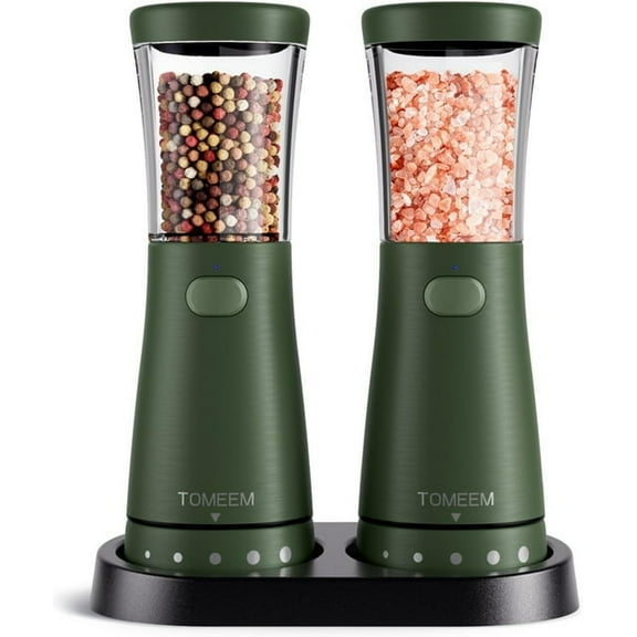 Tomeem Salt and Pepper Grinder Set Stainless Steel with Storage Base, Adjustable Coarseness, 4.5oz arge Capacity, Dark Green
