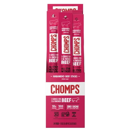 Chomps Grass-Fed and Finished Habanero Beef Jerky 1.15 oz Snack Sticks 24-pack - Keto, Paleo, Whole30, 10g Lean Meat Protein, Gluten-Free, Zero Sugar Food