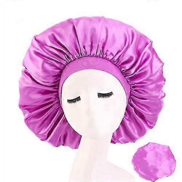 Gorro de satén liso ajustable de 58 cm, gorro para peinar el cabello, gorro para dormir de noche, gorro de ducha de seda morado