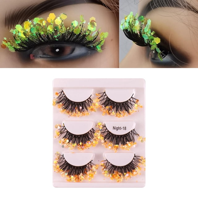 3 pares de Pestañas postizas de lentejuelas luminosas coloridas largas dramáticas brillantes para escenario Naranja shamjiam