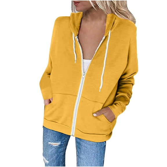 Lovskoo Women's Sweatshirts Casual Full Zip Up Plush Hoodie Comfy Slim Solid Sweatshirt Long Sleeve Jacket With Pockets Yellow