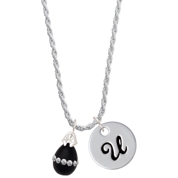 Delight Jewelry Black Easter Egg with Clear Crystal Band Silvertone Script Initial Disc - U - Charm Necklace, 20"+3"