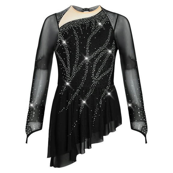 TiaoBug Kids Girls Sparkly Figure Skating Dress Long Sleeve Modern Lyrical Dance Dress for Competitions Black 16