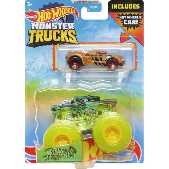 Hot Wheels Monster Trucks 1:64 Scale Vehicles 2 Pack; 1 Die-Cast Truck & 1 Car