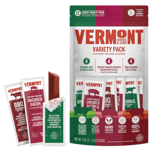 Vermont Smoke & Cure Beef and Pork Mini Beef Sticks, 0.5 oz Protein Snacks 12 Ct Variety Pack