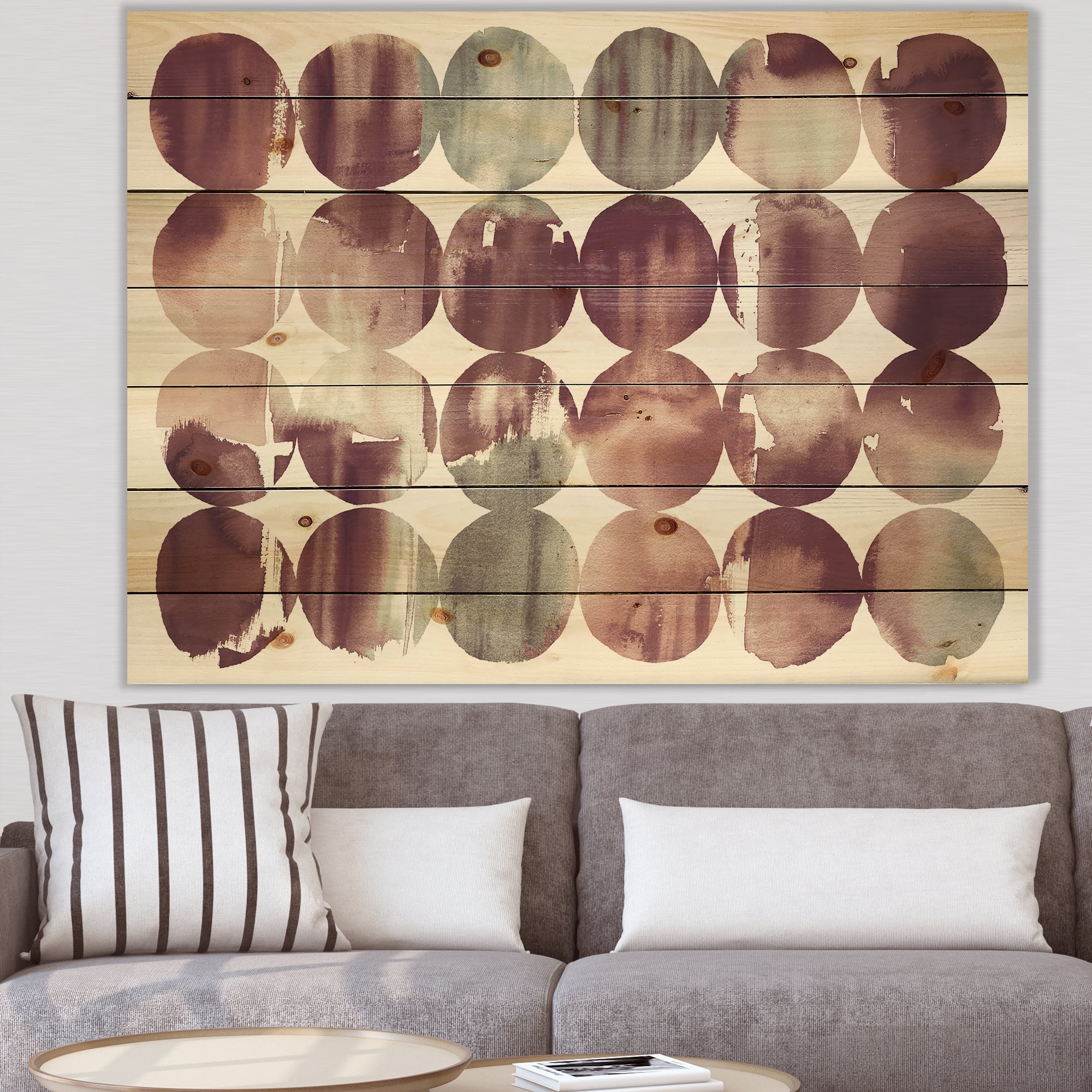 Designart 'Plum Dots minimal geometric II' Transitional Print on Natural Pine Wood