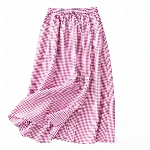 ZToonmas Women's High Waist Gingham Maxi Skirt Drawstring Elastic Waist A-Line Flowy Skirt for Casual Summer Wear
