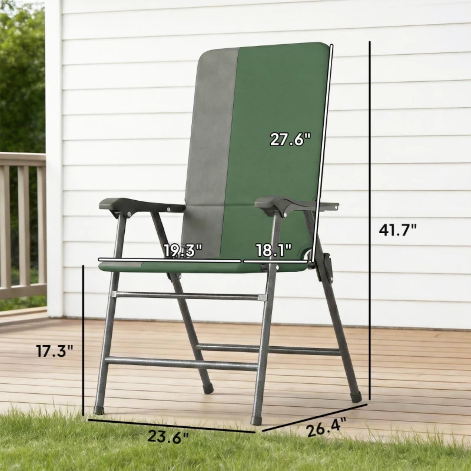 High Back Lawn Chairs Set of 2, Folding Camping Chairs with Padded 600D Oxford Fabric, Portable Patio Chairs with Steel Frame for Lawn, Beach, Porch, Gray & Dark Green
