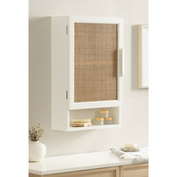 Kate and Laurel Ori Transitional Cane Wall Cabinet with Door, 15 x 7 x 24, Painted White Wood and Natural Rattan, Decorative Rattan Over the Toilet Cabinet with Two Shelves and Bonus Storage Cubby