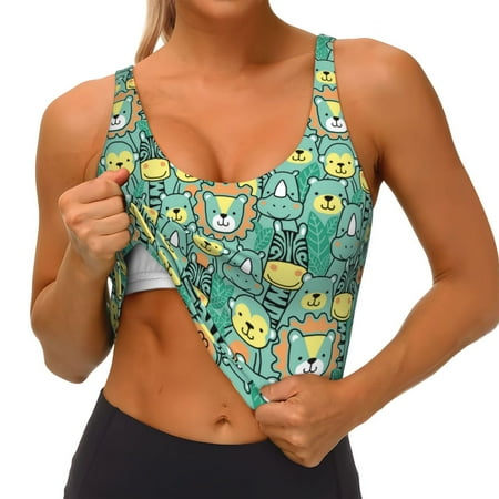 Qokaie Animals with Leaf Pattern Womens Scoop Neck Sports Bra Breathable Workout Vest Padded U Back Medium Impact Fitness Gym Yoga Bra Workout Crop Top