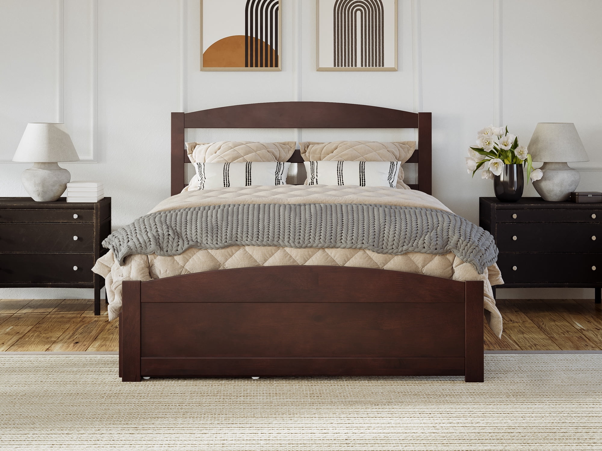 AFI Warren Full Wood Platform Bed with Headboard Footboard & 2 Storage Drawers, Walnut