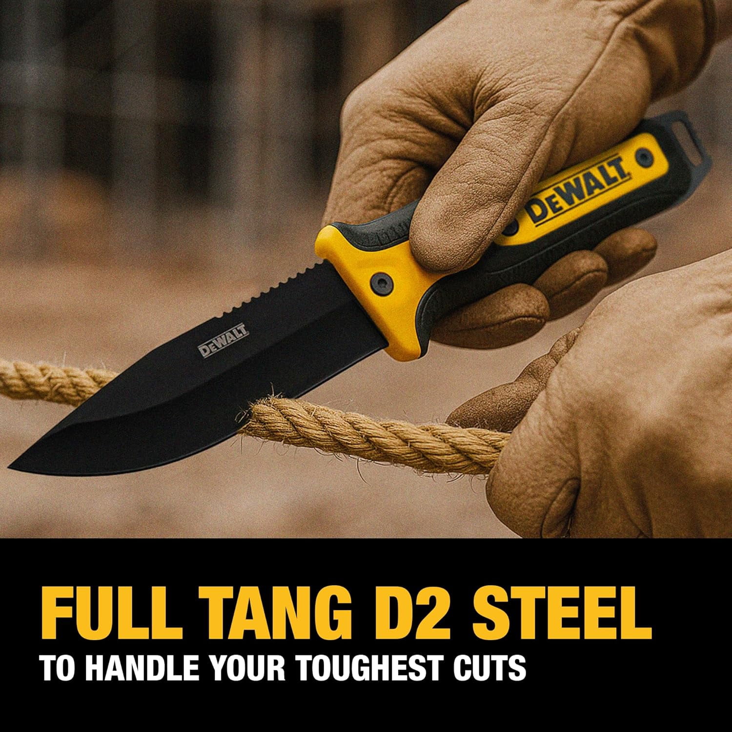 DEWALT 10-Inch D2 Steel Fixed Blade Knife with Full Tang Construction and Ergonomic Rubber Grip – Outdoor and Jobsite Utility Knife with Molded Sheath