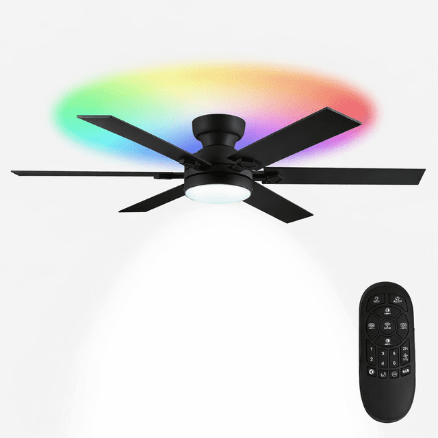 Phorus 52" Black Ceiling Fan with Dimmable LED Light & RGB Ambient Ring, Remote & App Control, Quiet DC Motor, 6 Speeds, Reversible Airflow, Energy Efficient