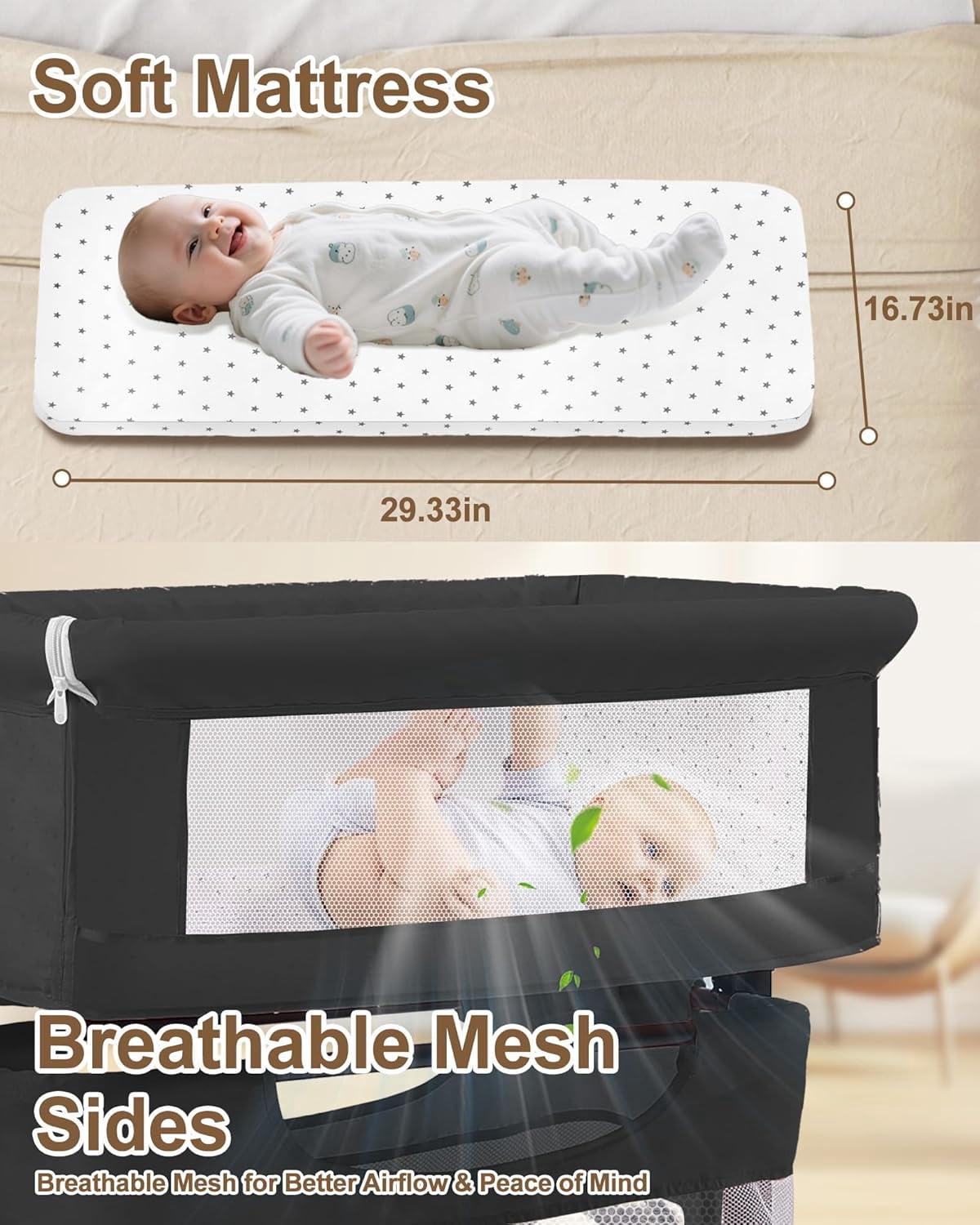 Baby Bassinet Bedside Sleeper - 3 in 1 Adjustable Height Bedside Bassinet with Breathable Mesh, Wheels & Storage Basket and Bag, Portable Folding Baby Cradle for Infants & Newborns, Black