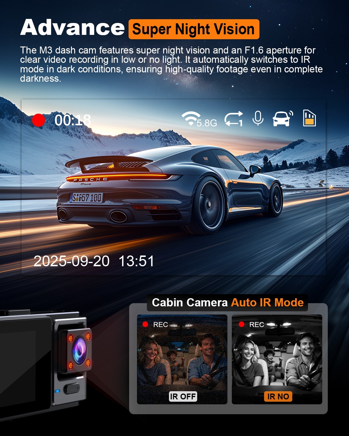ODREY M3 3-Channel 2.5K Dash Cam Front Rear Inside photo 5