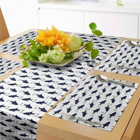 

Anchor Table Runner & Placemats Aquatic Pattern with Sharks and Anchors Contemporary Classical Modern Fish Animal Set for Dining Table Placemat 4 pcs + Runner 14 x72 Indigo White by Ambesonne