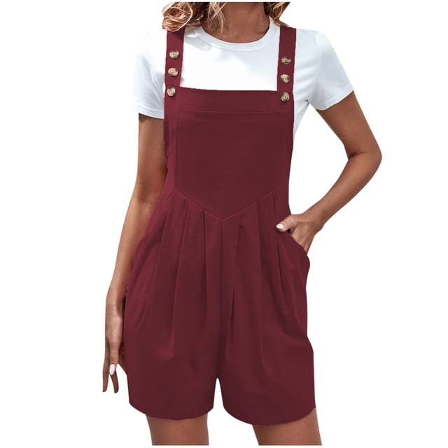 cfhntfmh Cotton Overalls for Women Square Neck Sleeveless Adjustable Strap Summer Jumpsuits Loose Pleated Wide Leg Shorts Rompers