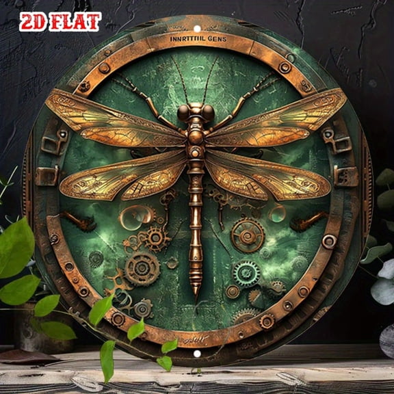 HELLOYOUNG Steampunk Metal Wall Art Dragonfly 7.87 Inch Round Vintage Gear Decor for Home Garage Industrial Decor, Rustic Wall Sculpture