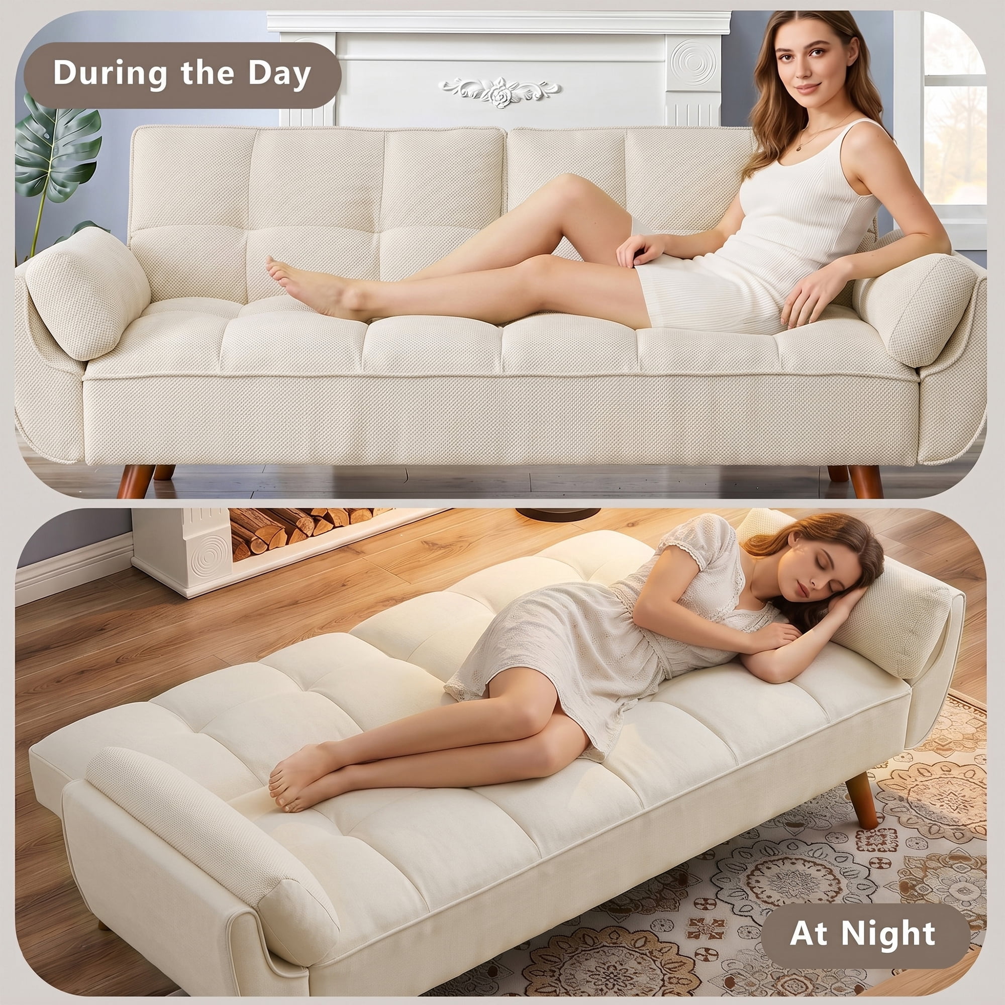 Aukfa 75" Pillow Top Arm Futon Convertible Sofa Bed, Tufted Loveseat Sleeper Couch for Home Office, Linen, Beige