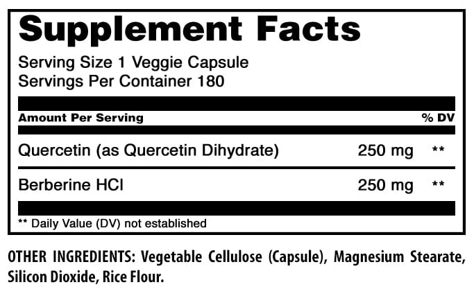 Amazing Formulas Quercetin Berberine 500mg Per Serving 180 Veggie Capsules Supplement | 250mg Quercetin & 250mg Berberine | Non-GMO | Gluten Free | Ideal for Vegetarians