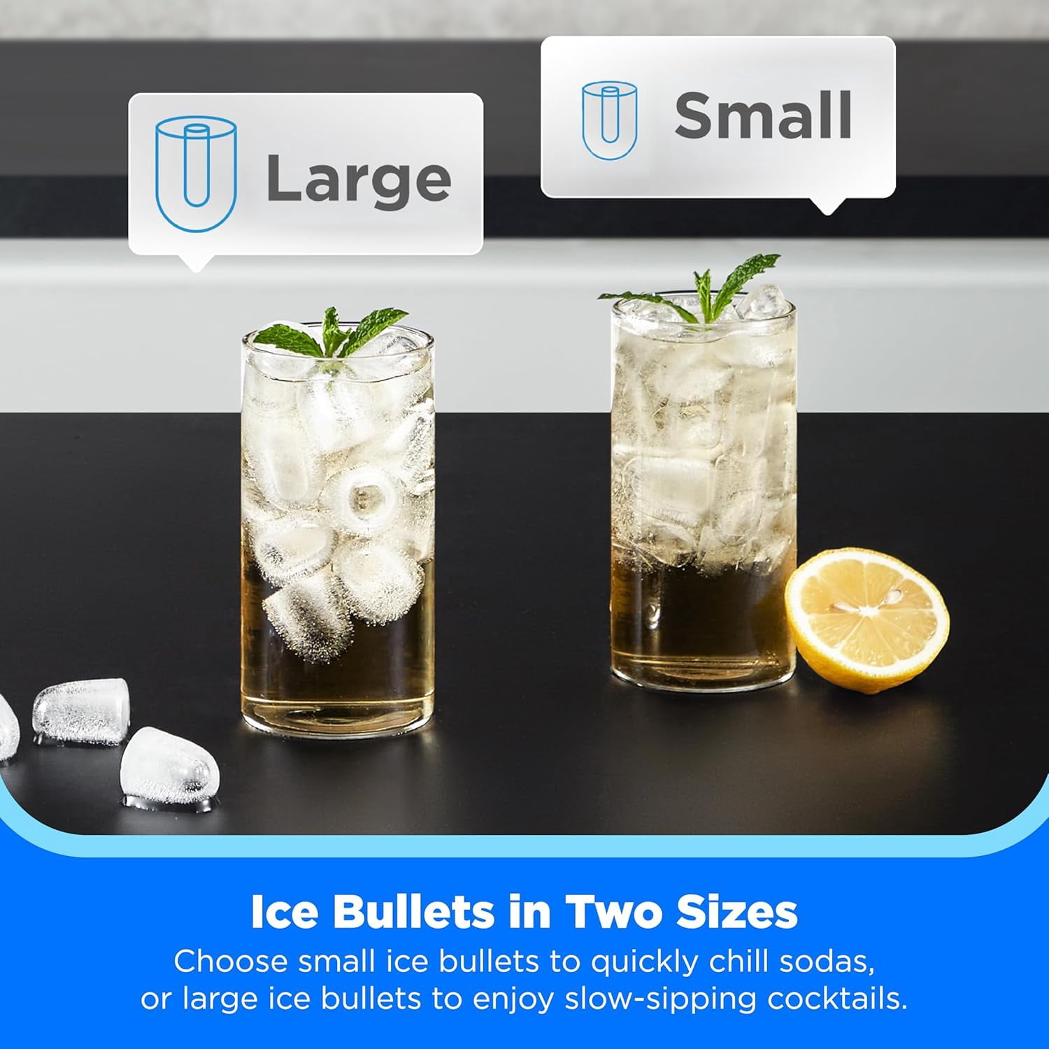 Countertop Bullet-Ice Maker, 8 Ice Bullets Ready in 6 Minutes, 26lbs/24H, -Cleaning Function with Scoop and Basket for Home Office RV