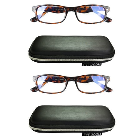 EYE ZOOM 2 Pack Rectangular Plastic Blue Light Blocking Reading Glasses, Tortoise Brown +1.25