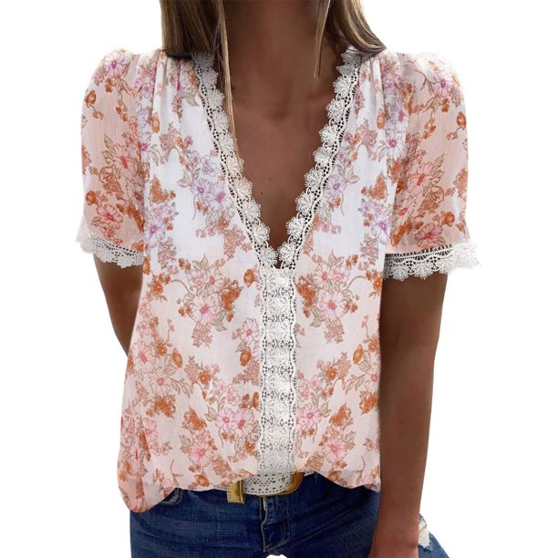 ICHUANYI Clearance Women Fashion Summer Sexy Fold Printed Regular Women Short Sleeves V Neck Button(Orange, M) ICHUANYI WER2023080802995