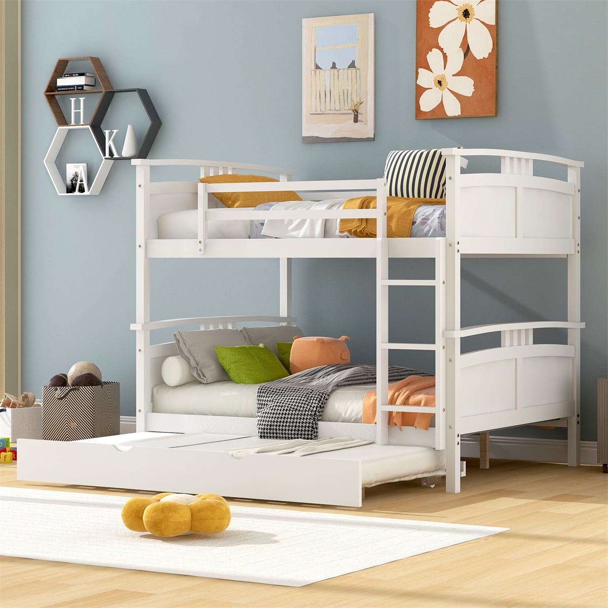 Bunk Bed with Twin Size Trundle,Full-Over-Full Bunk Bed Frame with Ladder  and Guardrails,Wooden Bunk Bed Convertible into Beds for Kid Teens Adult, Maximize Space,No Box Spring Needed,White