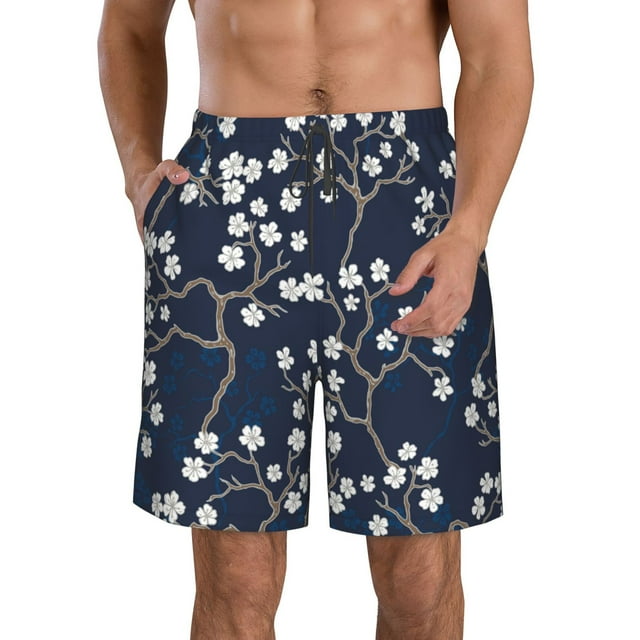 Fotbe Cherry Blossoms on Navy Background Trajes de Baño Estampados para Hombre, Shorts de Verano de Secado Rápido, Ropa de Playa, Bañadores-3X-Large