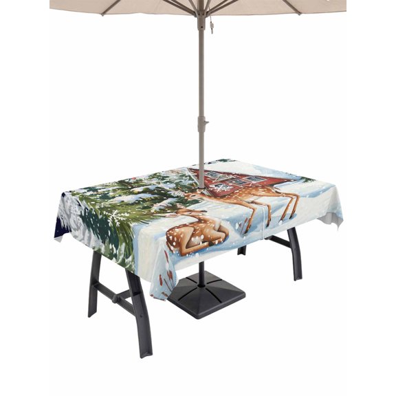 Outdoor Tablecloth with Umbrella Hole and Zipper, Blue Christmas Rectangle Table Cloth 54x80 Inch Waterproof Tablecloth, Xmas Winter Forest Tree Deer Snowflakes Picnic Table Cover for Patio Camping