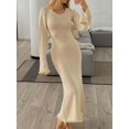 thumbnail image 1 of Women Elegant Ruffle Hem Knit White Long Dress O-neck Flare Long Sleeve Backless Bandage Dresses 2024 New Evening Party Robes, 1 of 5