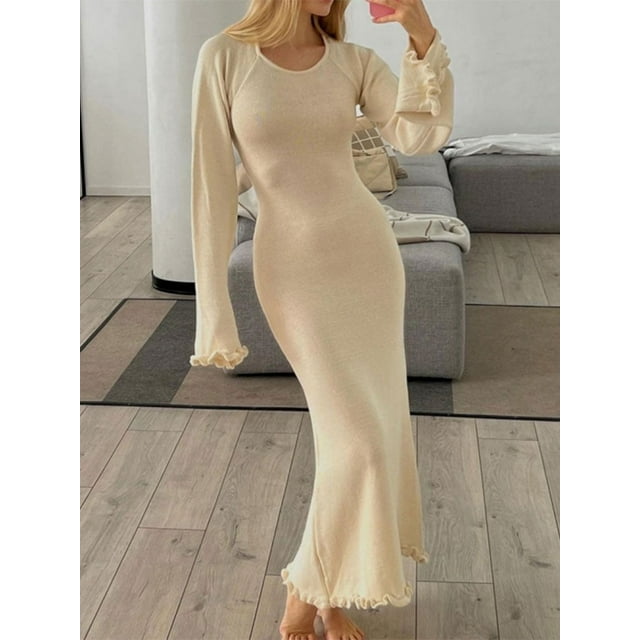 Women Elegant Ruffle Hem Knit White Long Dress O-neck Flare Long Sleeve Backless Bandage Dresses 2024 New Evening Party Robes