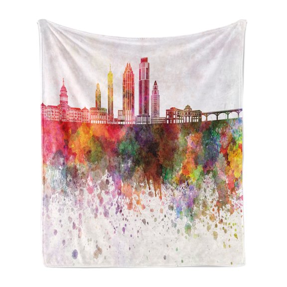 Austin Soft Flannel Fleece Blanket, Watercolor Style Pattern of City Buildings in Various Colors and Paint Blots Image, Cozy Plush for Indoor and Outdoor Use, 60" x 80", Multicolor, by Ambesonne