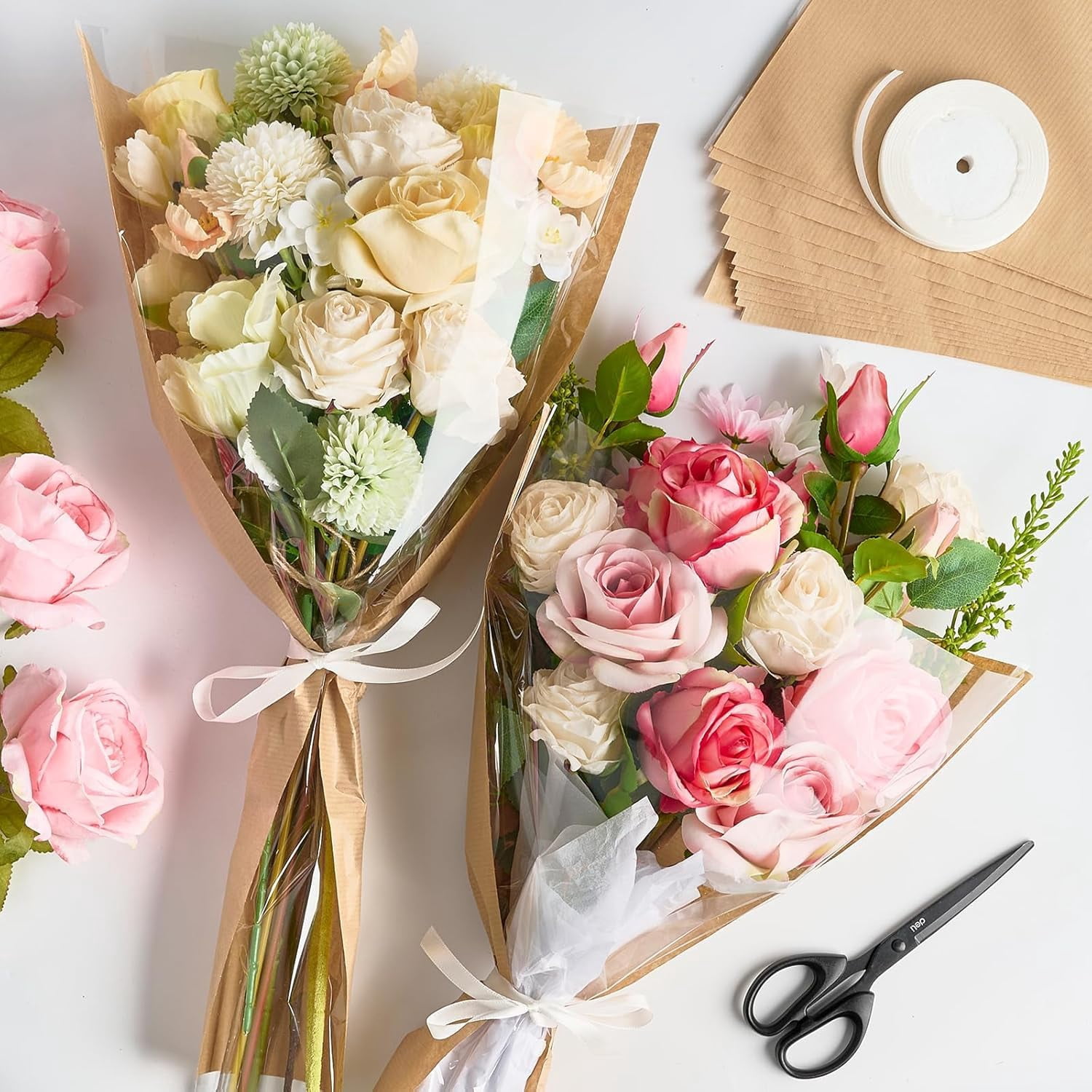 ANHXN Flower Bags for Bouquets, Flower Wrapping Paper Kraft Floral Wrap Sleeves with Ribbons for Mother's Day Florist Supplies Wedding