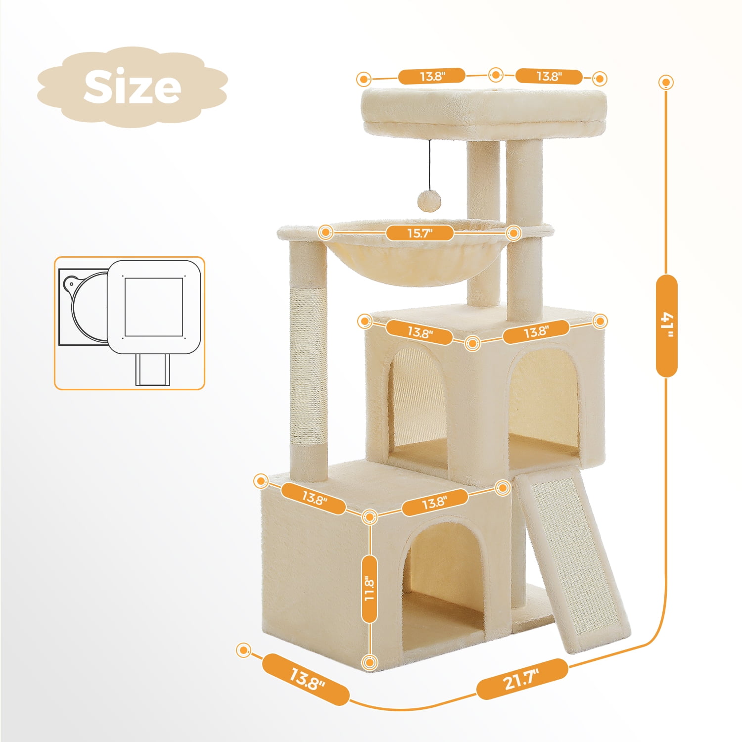 Pefilos 41" Multi-Level Cat Tree Tower with 2 Condos for Indoor Cats, Cat House with Hammock, Padded Perch, Scratching Pad, Beige