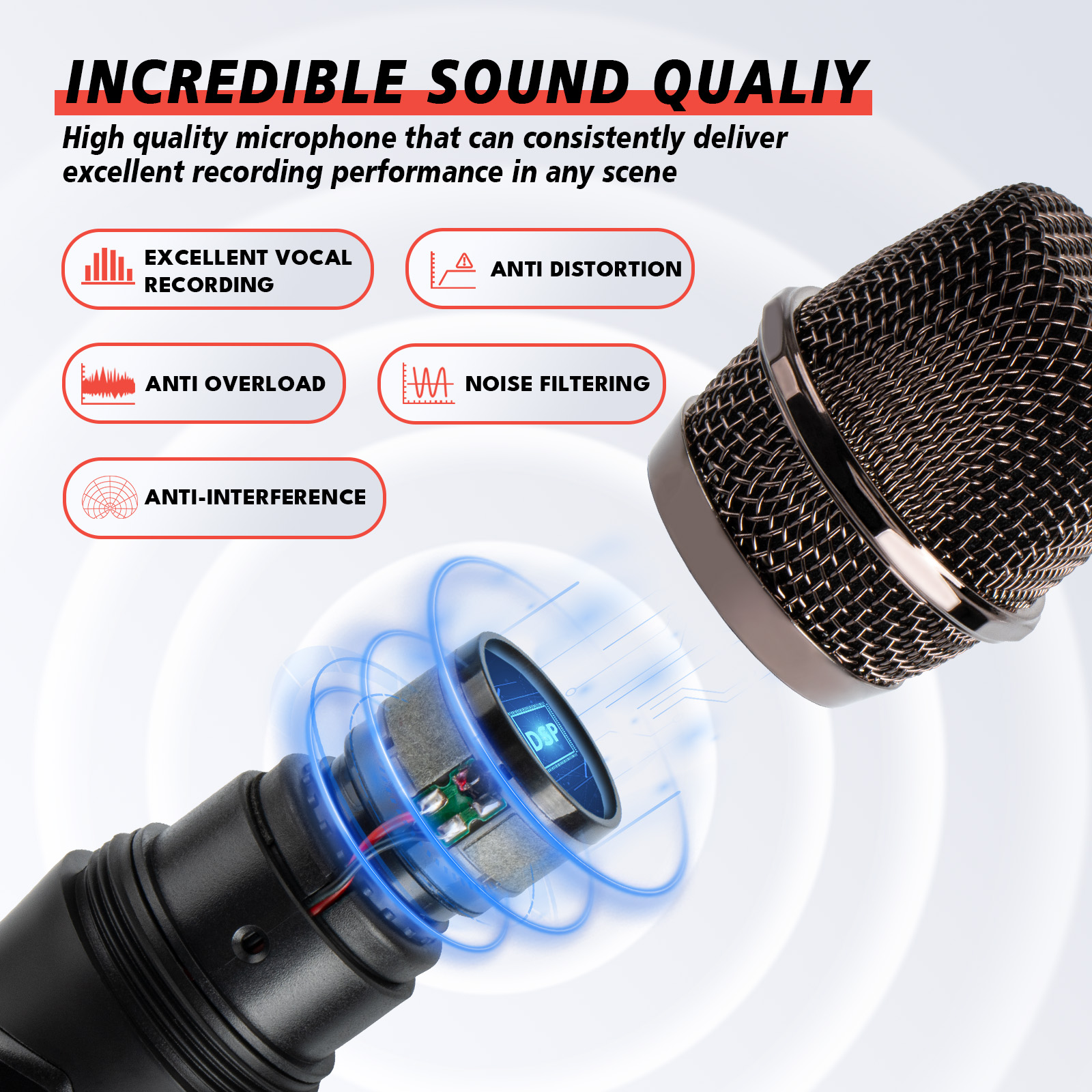 Dammyty Dual Wireless Microphone Rechargeable Handheld Dynamic Microphone for Karaoke Singing, Party, Wedding