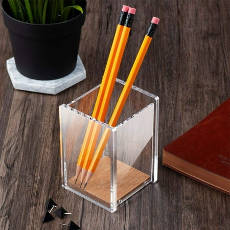 Zodaca Acrylic Pen Holder Wood Base Crystal Clear Square Pencil Holder For Desk Desktop Stationery Transparent Walmart Canada