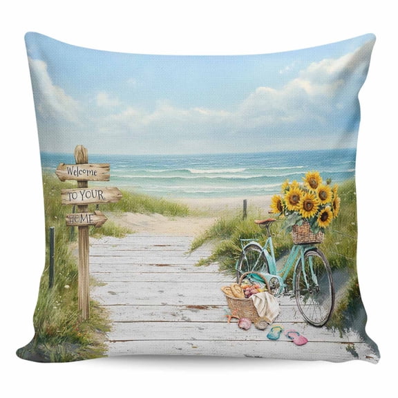 Throw Pillow Covers 26x26 Inch, Beach Ocean Decorative Pillow Cases for Couch Sofa Bed, Blue Sea Sunflower Modern Country Green Cotton Linen Square Home Decor Pillowcases with Hidden Zipper