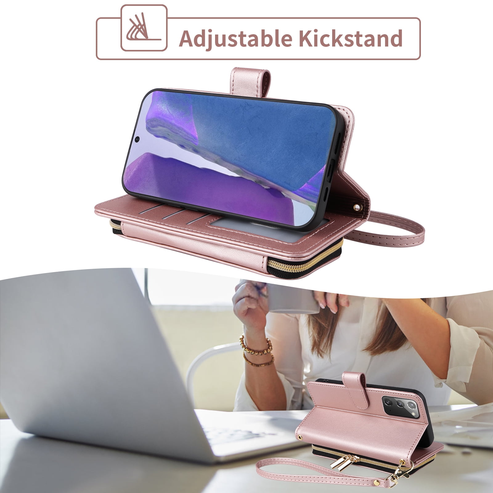 Furiet Wallet Case for Samsung Galaxy Note 20 5G with Wrist/Shoulder Strap, Card Slots Zipper Purse, Luxury PU Leather Stand Cell Phone Cover for Note20 Notes 20s Twenty Not S20 Women Rose Gold