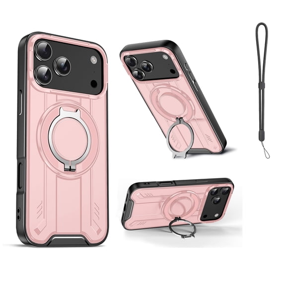 Mynvo Magnetic Case for iPhone 17 Pro Max with Wrist Strap, Support Wireless Charging Slim Hard PC Rugged with Kickstand Shockproof Protective Bumper for Women Men, Pink