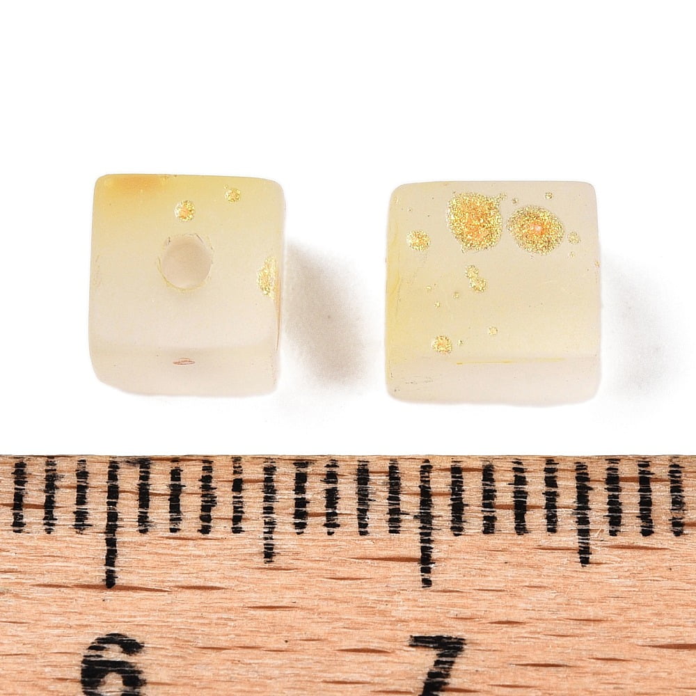 1000 g Frosted Glass Beads with Golden Glitter Powder Two Tone Cube Lemon Chiffon 7x6x6mm Hole: 1.4~1.5mm 1818pcs/1000g