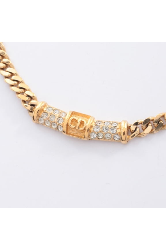 Pre-Owned Christian Dior Dior CD Logo Curb Chain Necklace, Gold Plated (GP), Rhinestone,...