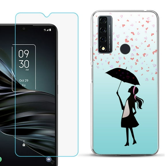 Slim-Fit Fashion Phone Case for TCL 20 XE, with Tempered Glass Screen Protector, by OneToughShield ® - Rain/Hearts