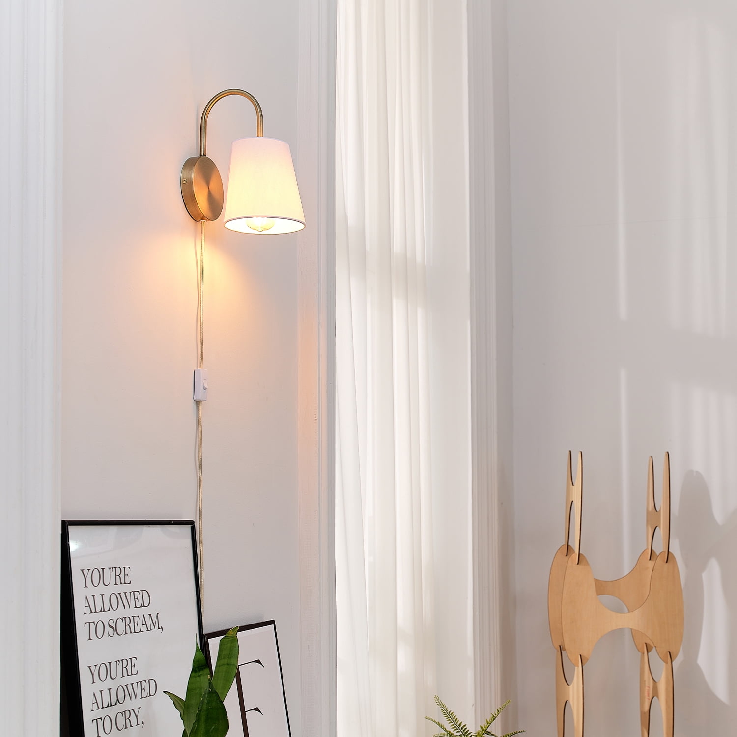Novogratz x Globe 10.5 Inch Matte Brass Wall Sconce with Textured White Fabric Shade for Bedroom