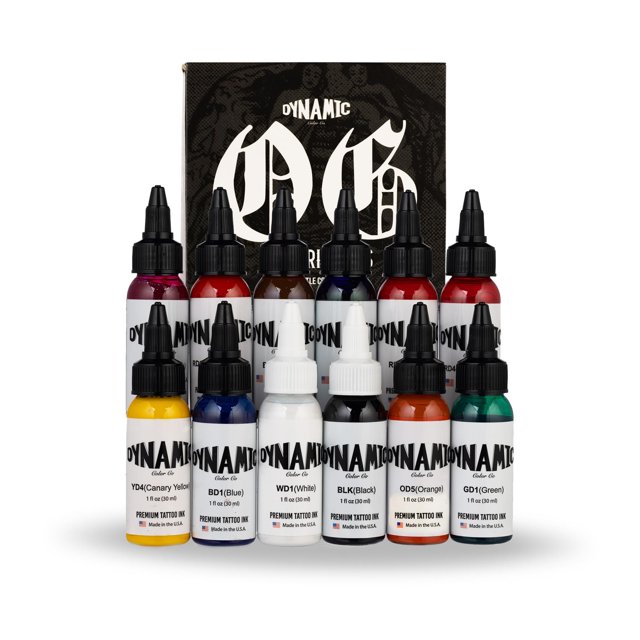 Dynamic Color Ensemble d'Encre Co - OG Color, 12 Bouteilles (1 oz Chacune) Comprend : (Rouge Bourgogne, Rouge Chinois, Rouge Feu, Vert, Bleu, Orange, Blanc, Jaune Canari, Brun, Magenta, Violet et Noir)